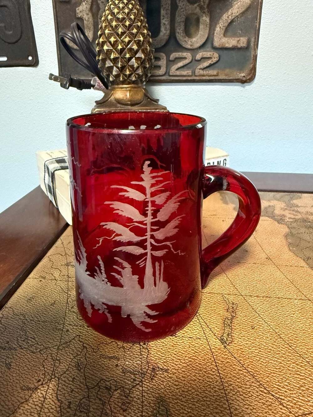 Vintage Bohemian Ruby Red Flash Glass Beer Mug with Etched Deer Scene